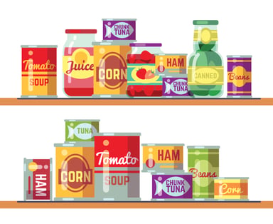 Cartoon depiction of canned goods on two shelves