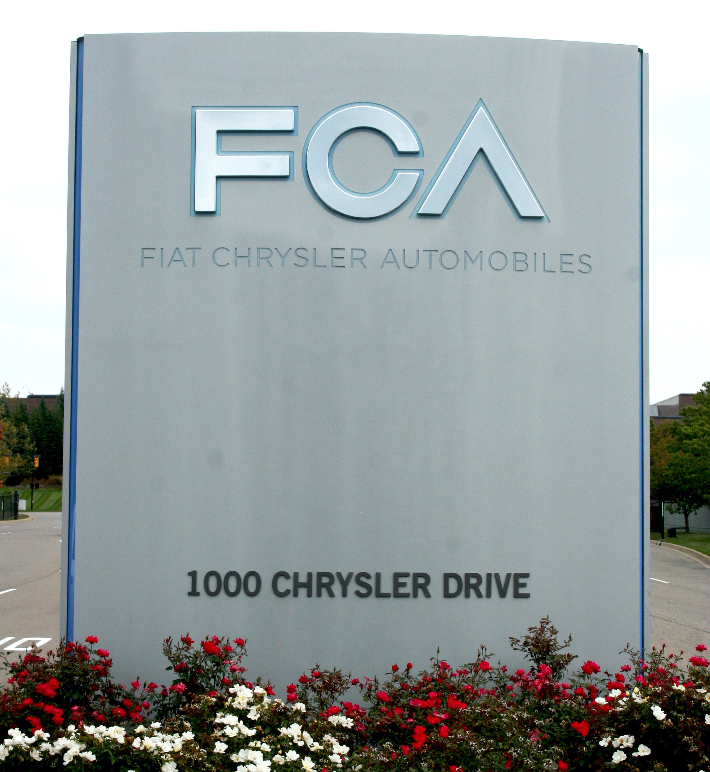 A sign with the FCA logo at the company's U.S. headquarters in Auburn Hills, Michigan.