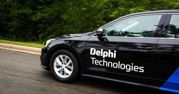 A test car with the Delphi Technologies logo on the side.