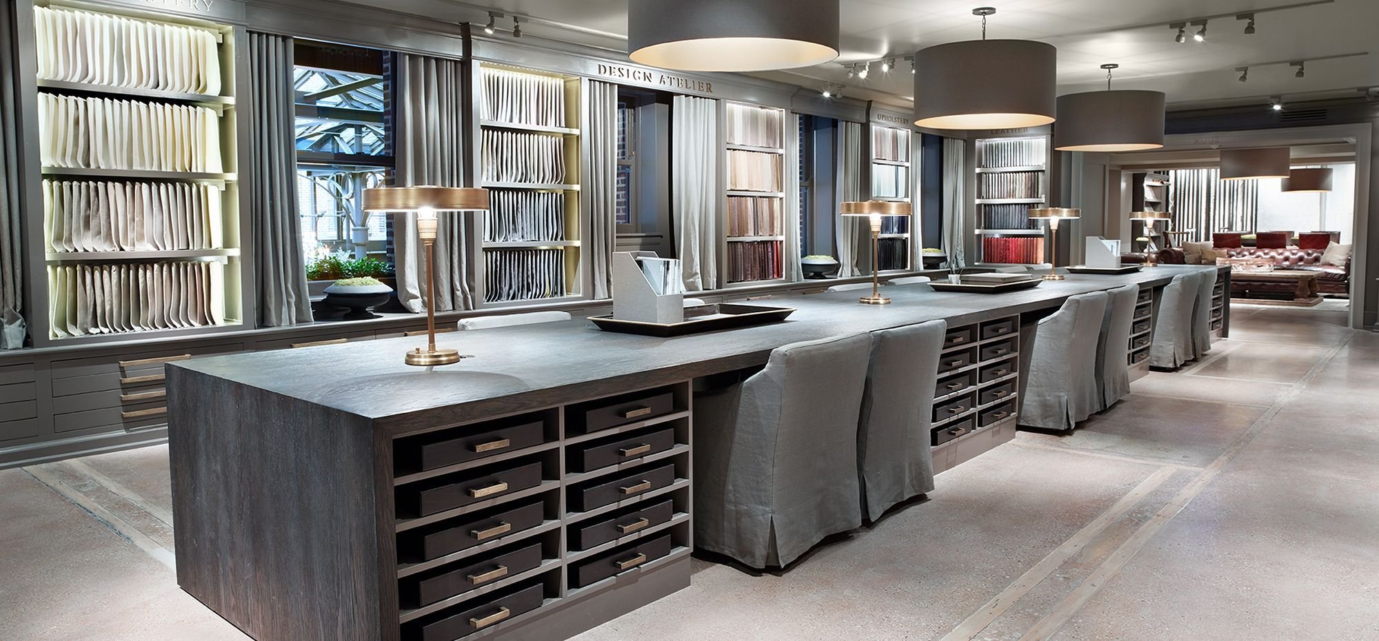 The interior of a Restoration Hardware luxury home-goods store.