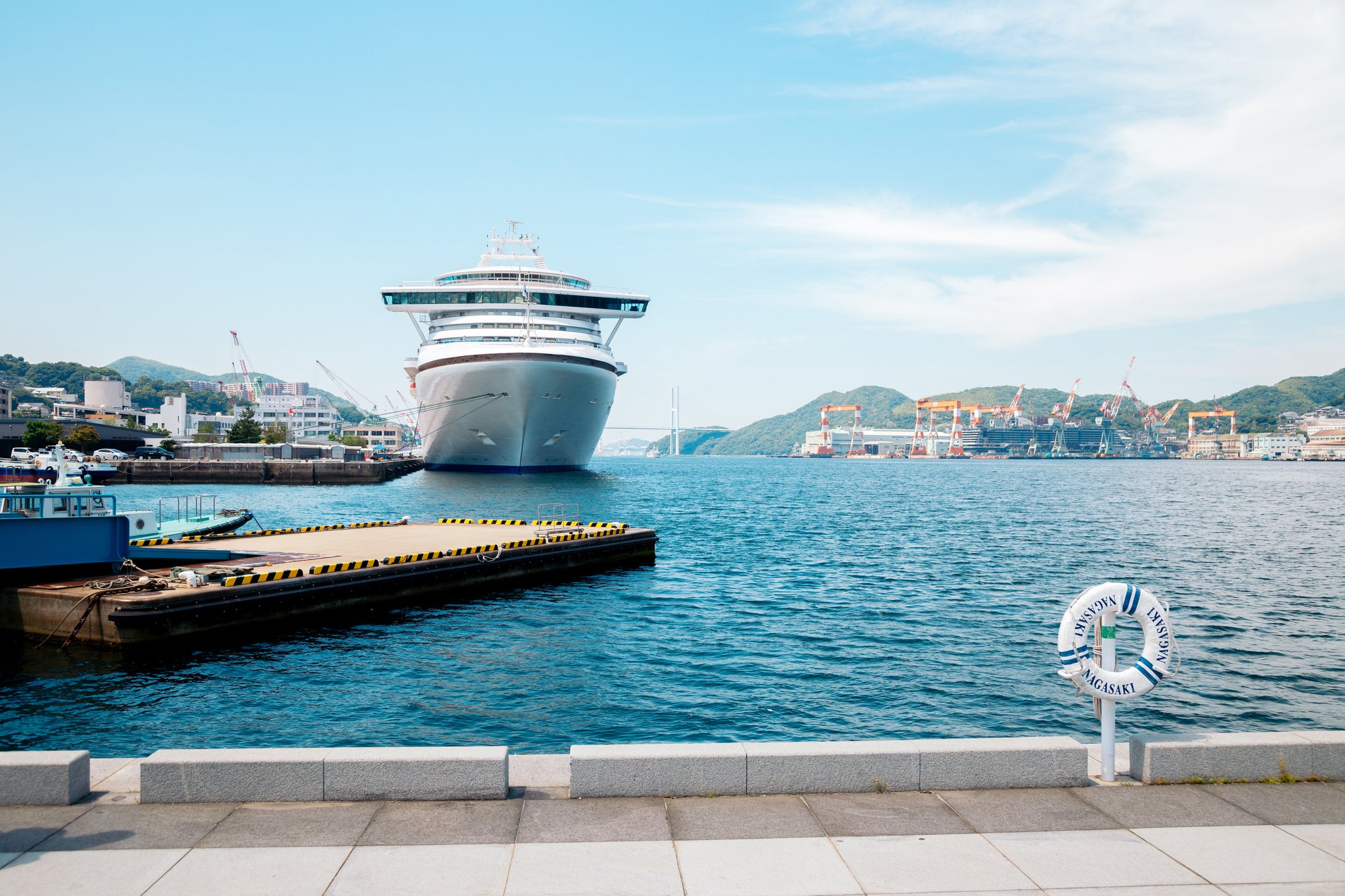Large cruise ship in port on a sunny day