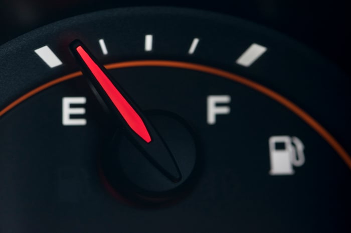 Automobile gas gauge nearing empty