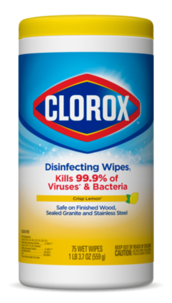 Container of Clorox Disinfecting Wipes with label, "Kills 99.9% of Viruses & Bacteria"