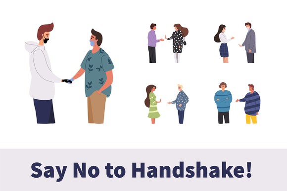 Cartoon showing many people declining an offered handshake in various ways. Below, a text banner reads Say no to handshake!