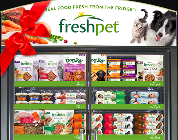 A Freshpet fridge stocked with Freshpet cooled products for dogs and cats.