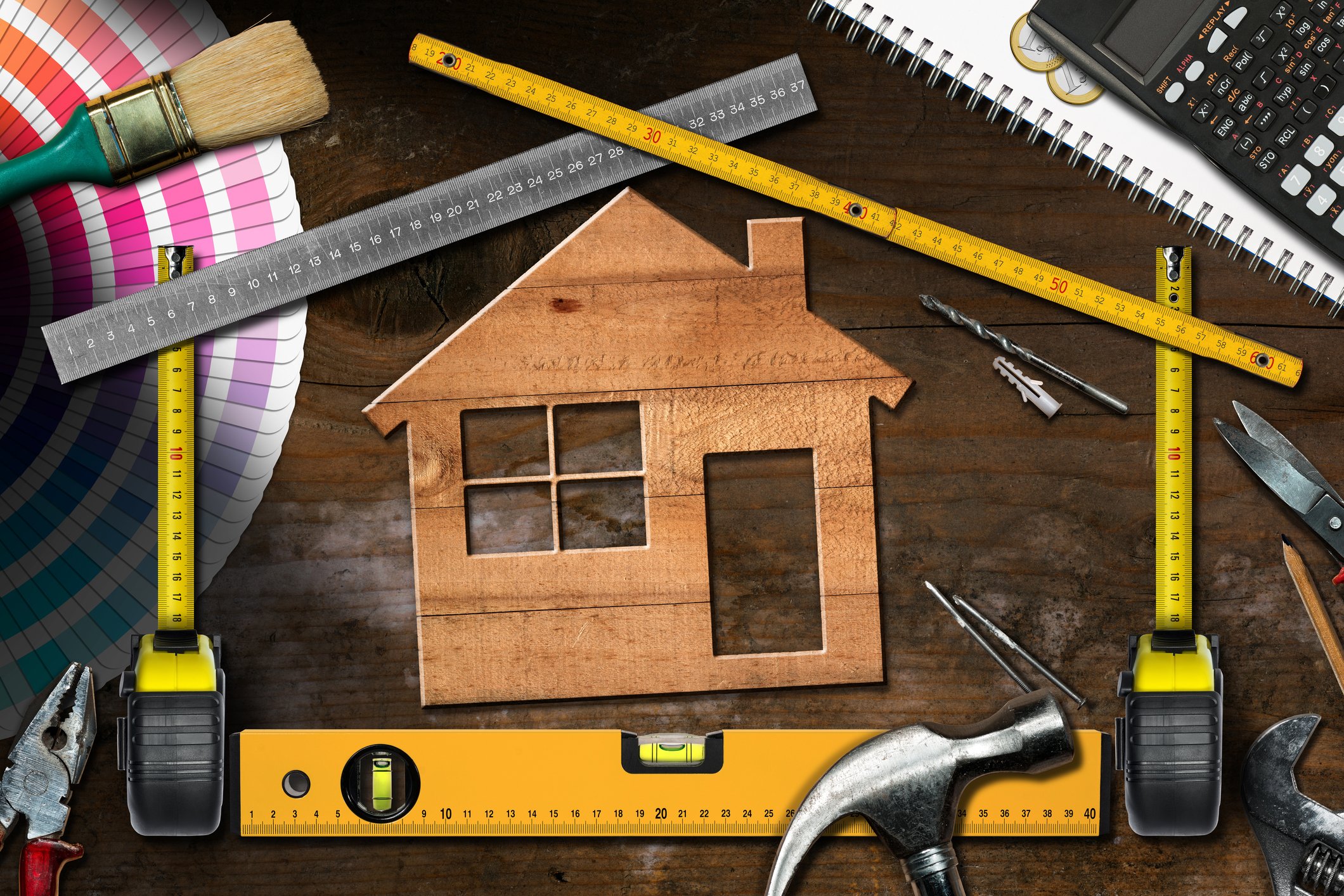 A representation of DIY home improvement with an assortment of tools.