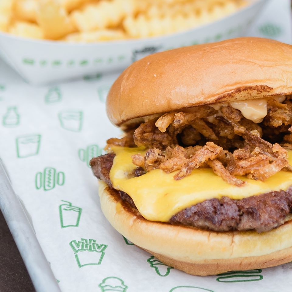 A Shackburger with fried shallots.