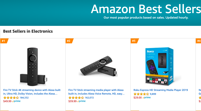 Amazon bestsellers in electronics showing Fire TV sticks and Roku as the top sellers.