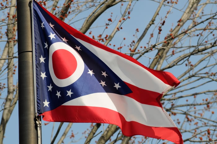 Ohio state flag in front of trees.