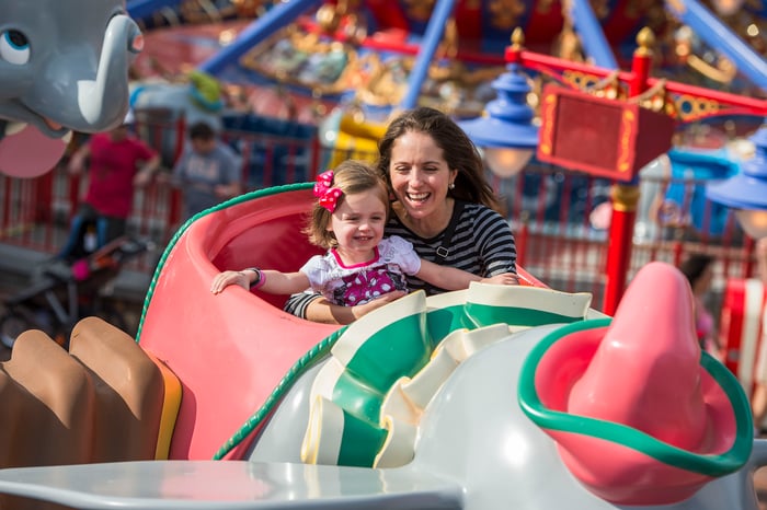 A woman with a child on a ride at Disney World.