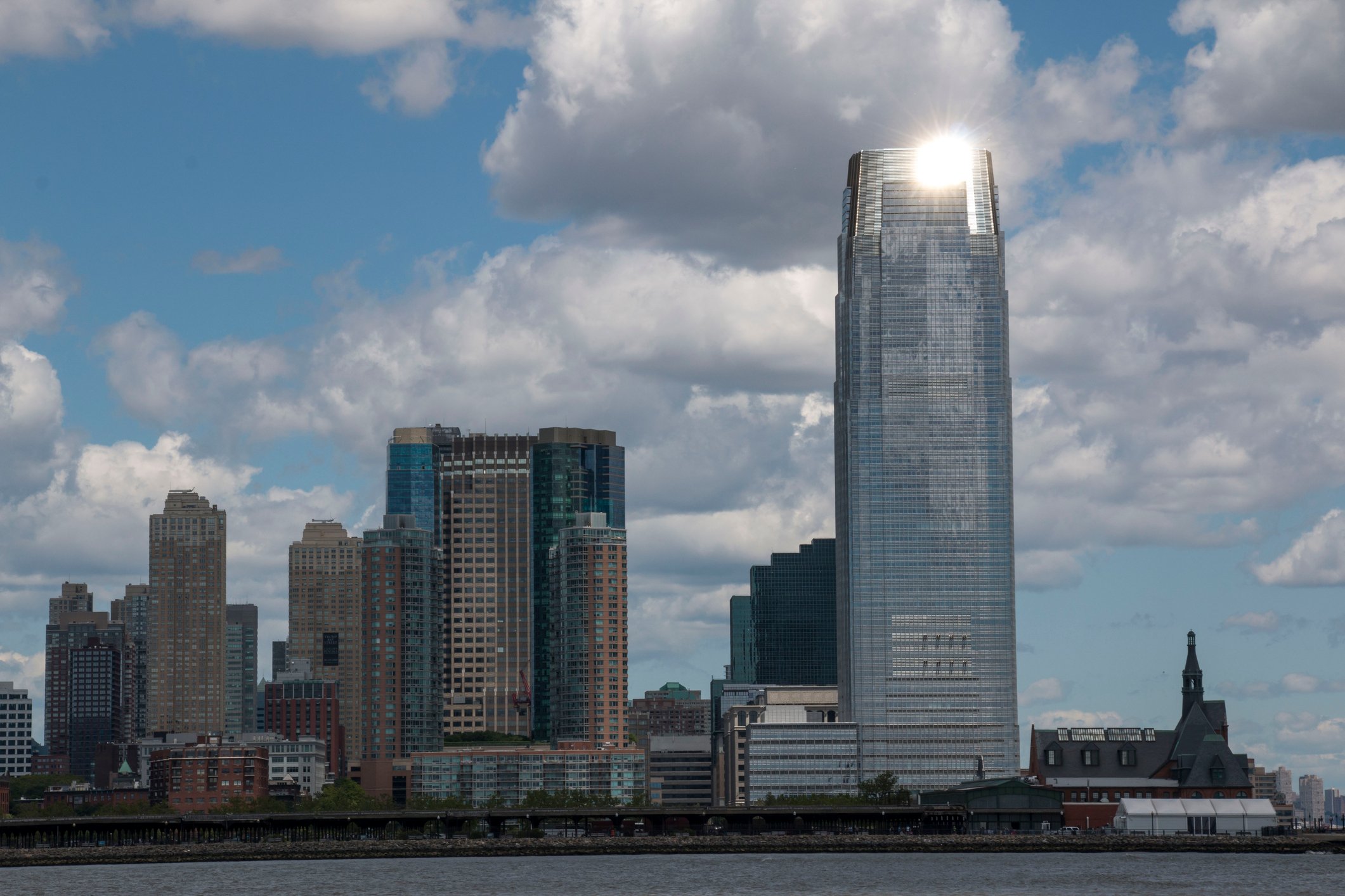 The Goldman Sachs Tower looms above the skyline in Jersey City, New Jersey.