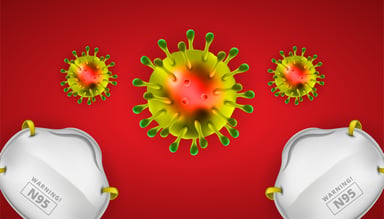 N95 masks and coronaviruses on a red background