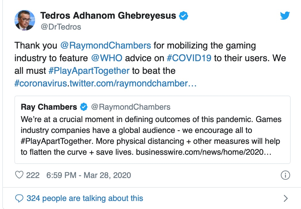 Screenshot of a tweet from the head of the World Health Organization praising the video gaming industry for stay-at home advice 