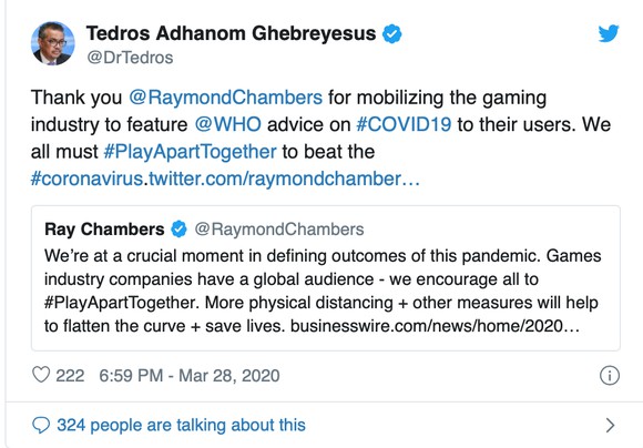 Screenshot of a tweet from the head of the World Health Organization praising the video gaming industry for stay-at home advice 