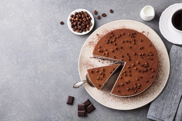 A chocolate-topped cheesecake from above.
