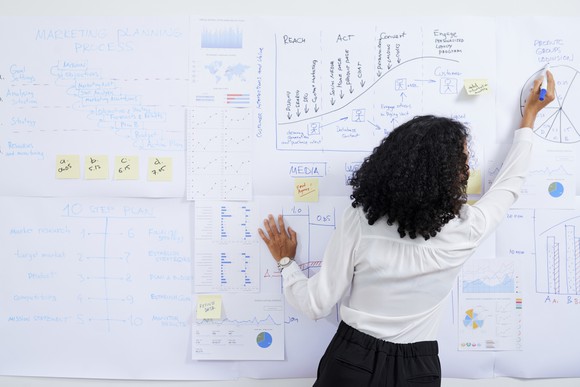 Woman writing on white board
