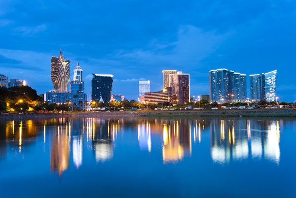 Skyline of the Macao Peninsula from the water at dusk. 