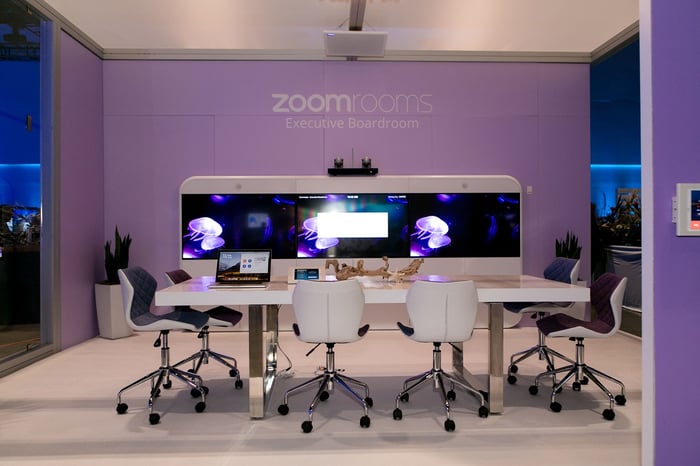 Room with white table and six chairs, along with video equipment, and Zoom logo on the purple wall.