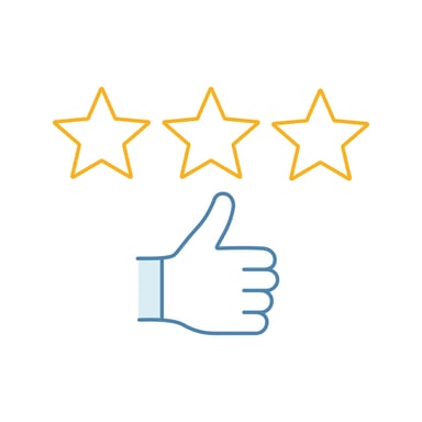 Thumbs up like icon underneath three gold stars