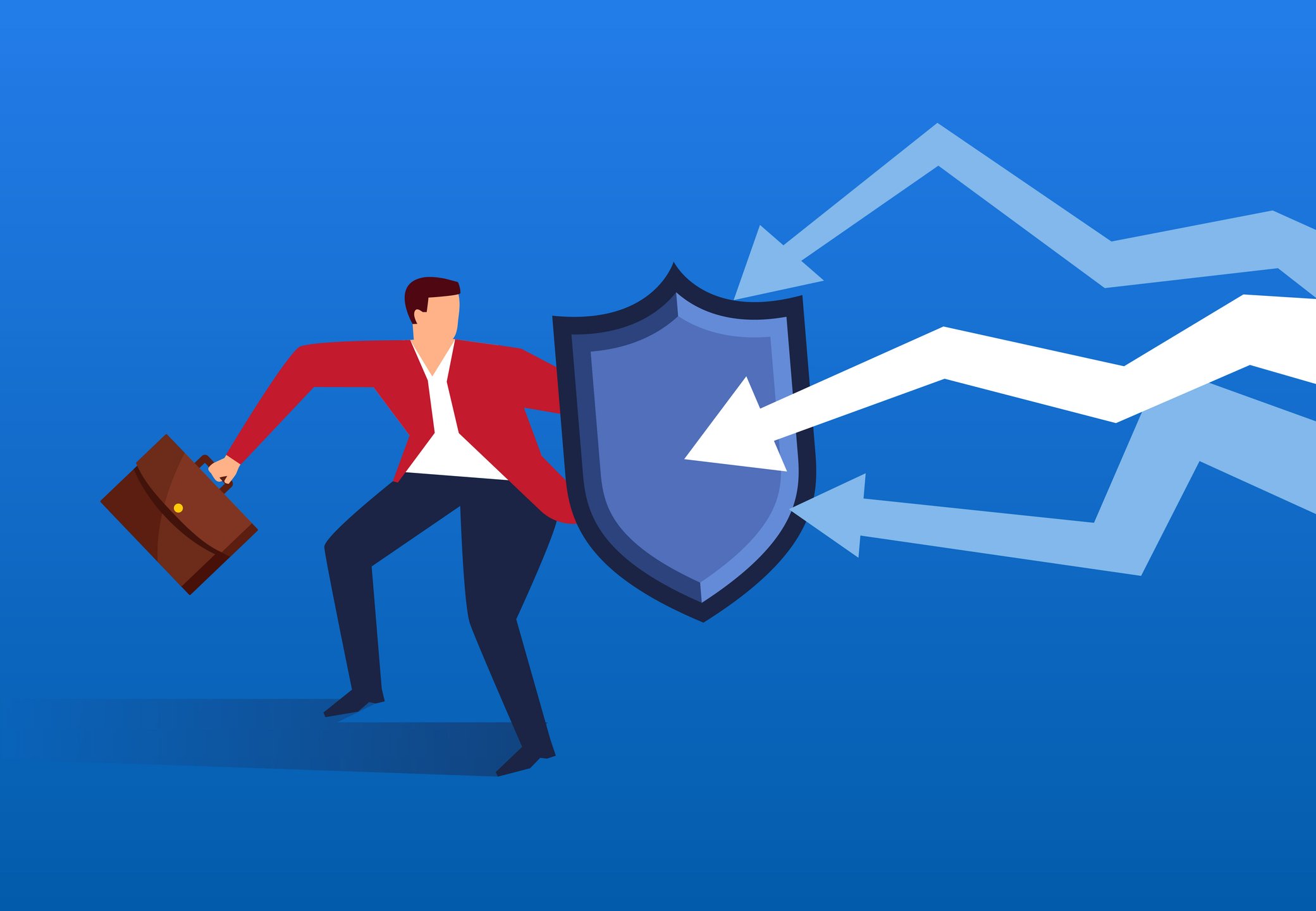 A man holding a shield against a price chart.