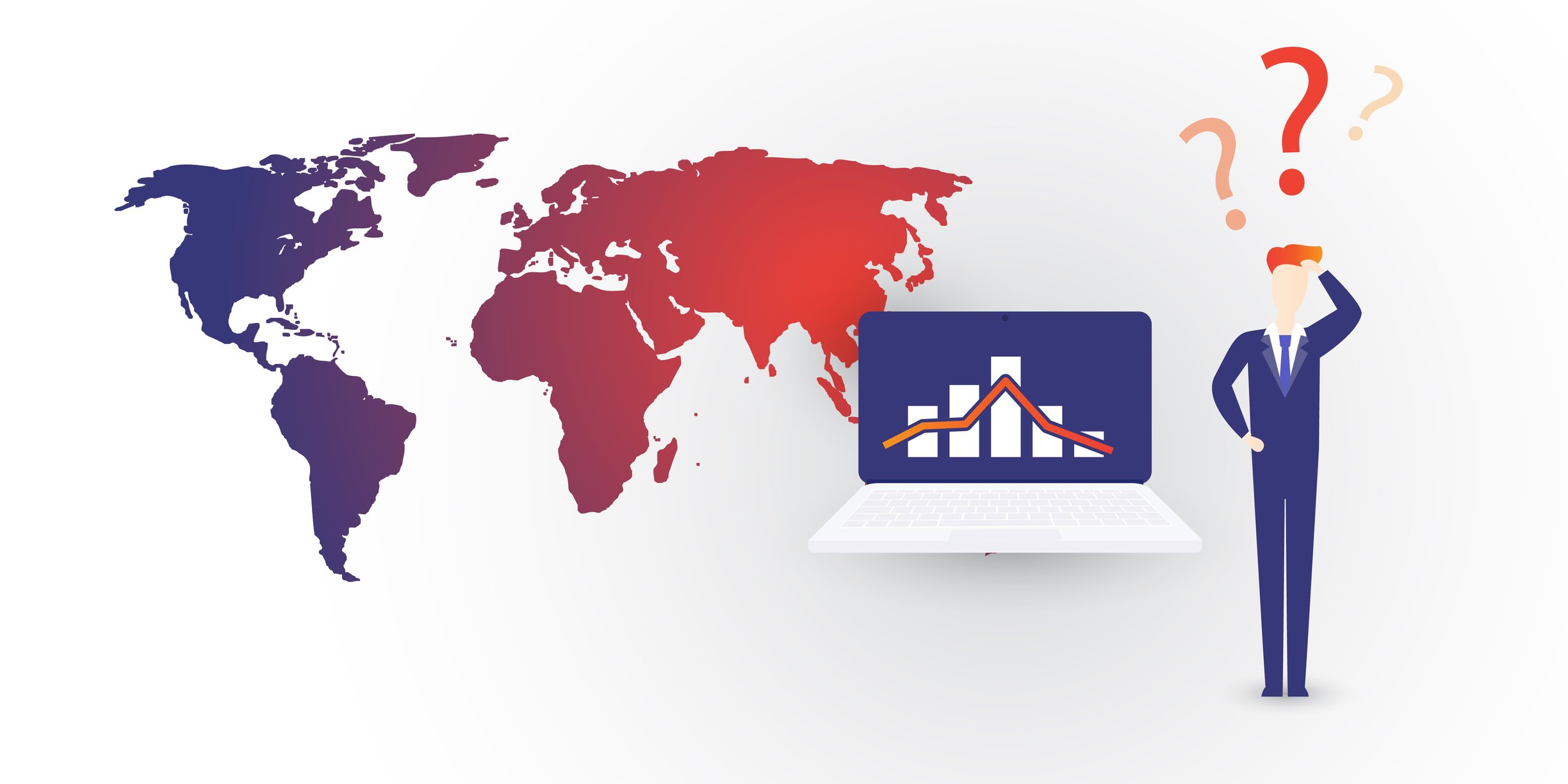 World map with laptop of stock going up then down and man scratching his head