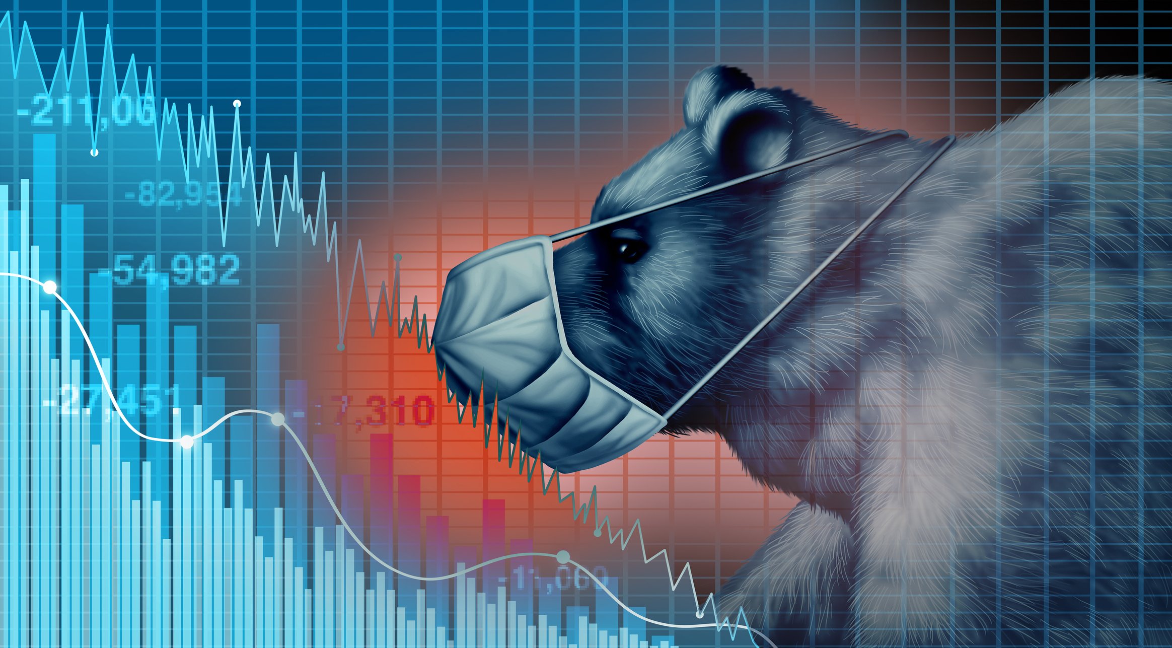 A bear wearing a face mask and a chart showing stocks falling