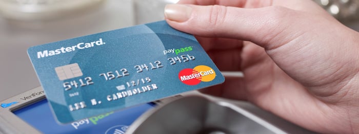 A hand using a payment card with a reader.