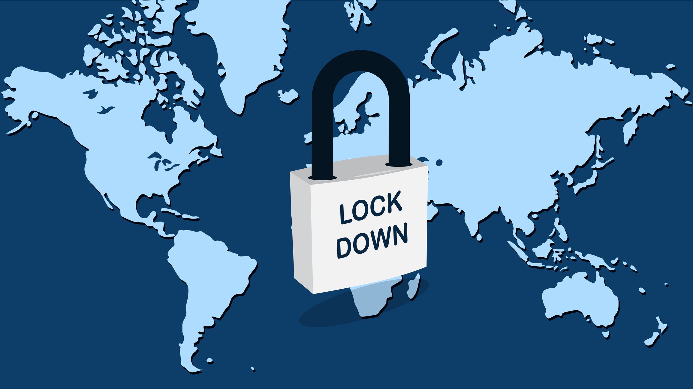 Map of the world with a lock superimposed on top reading "Lock Down"