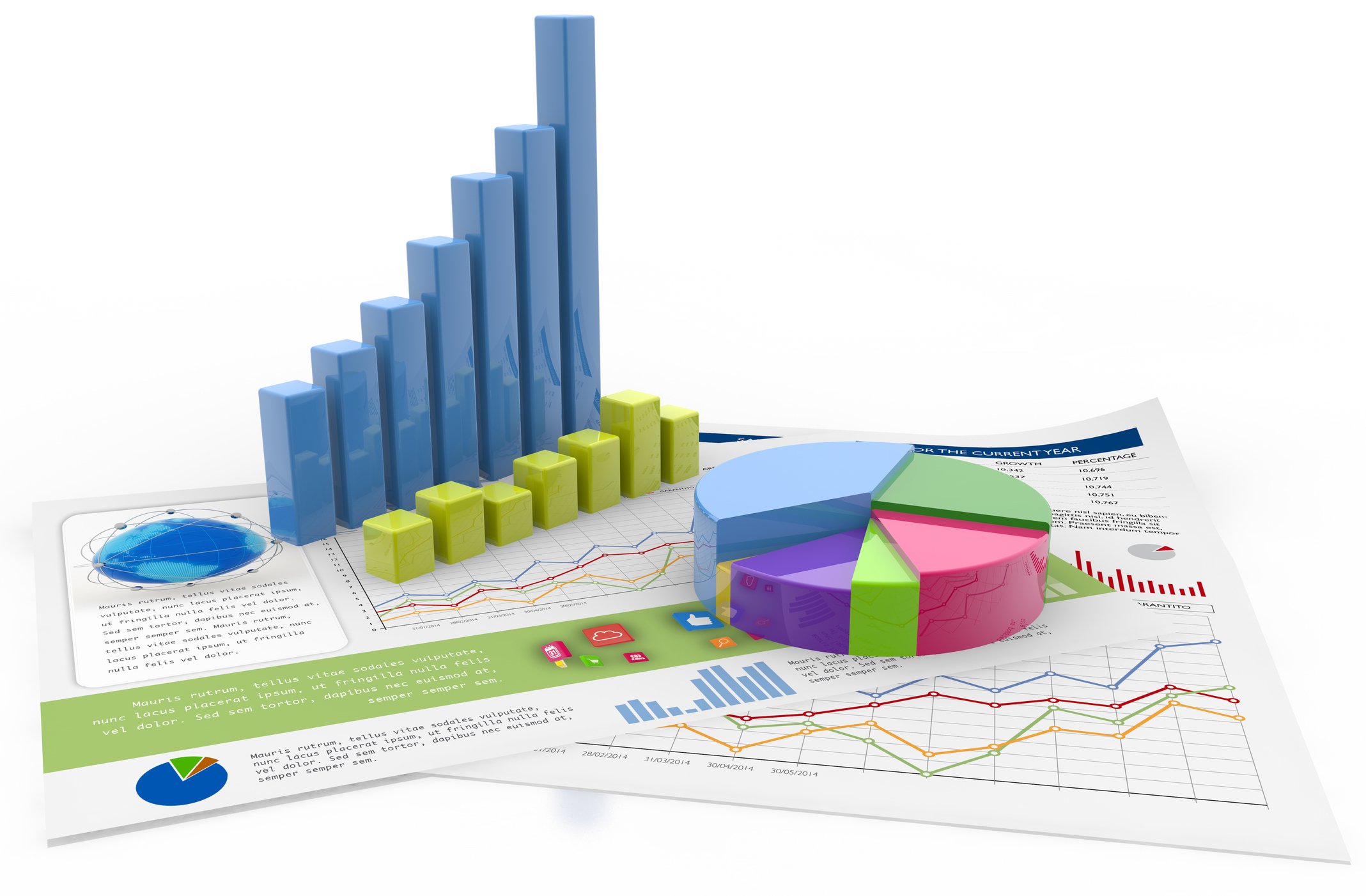 Business charts, including bar charts and pie charts.