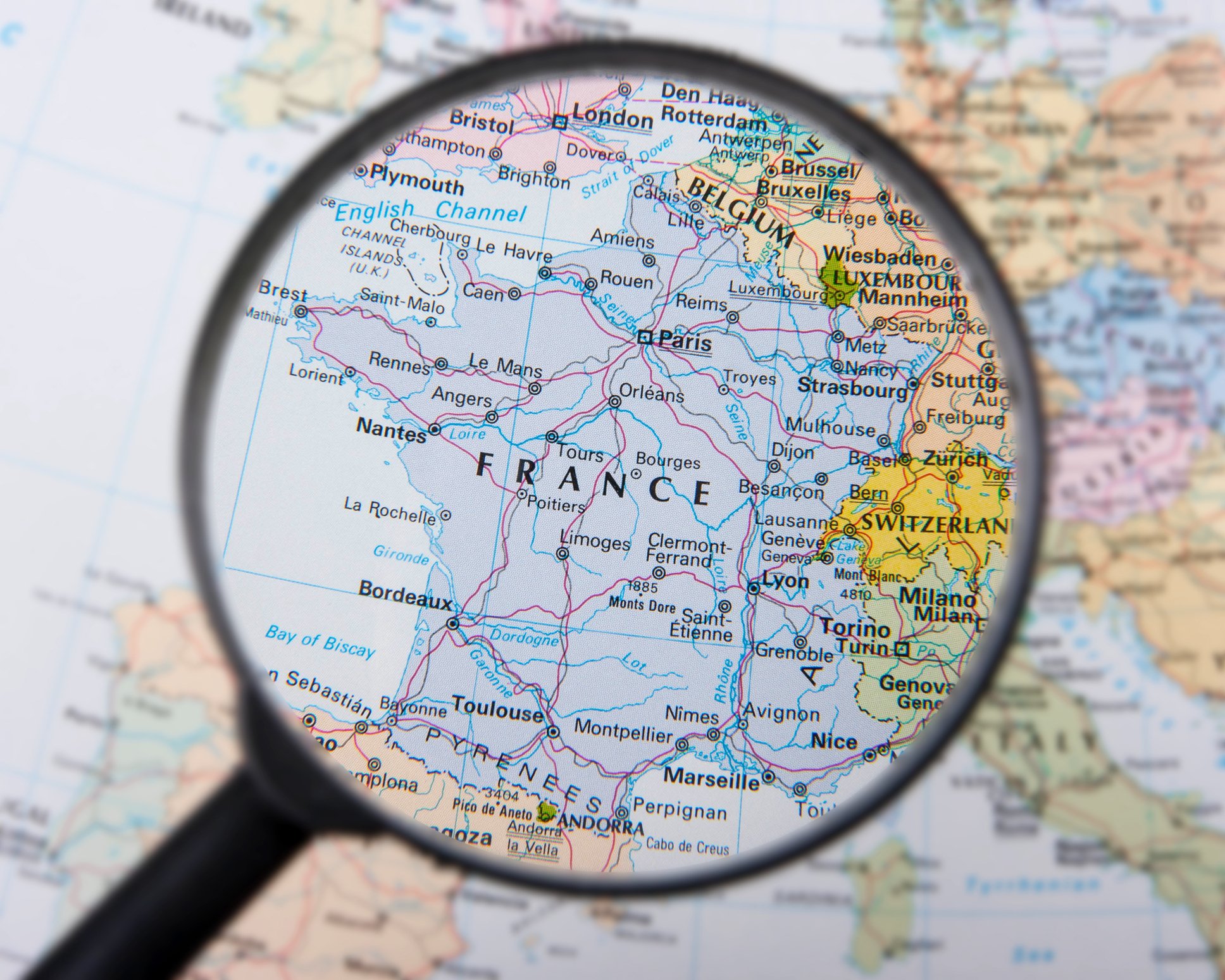 Map of France under a magnifying glass