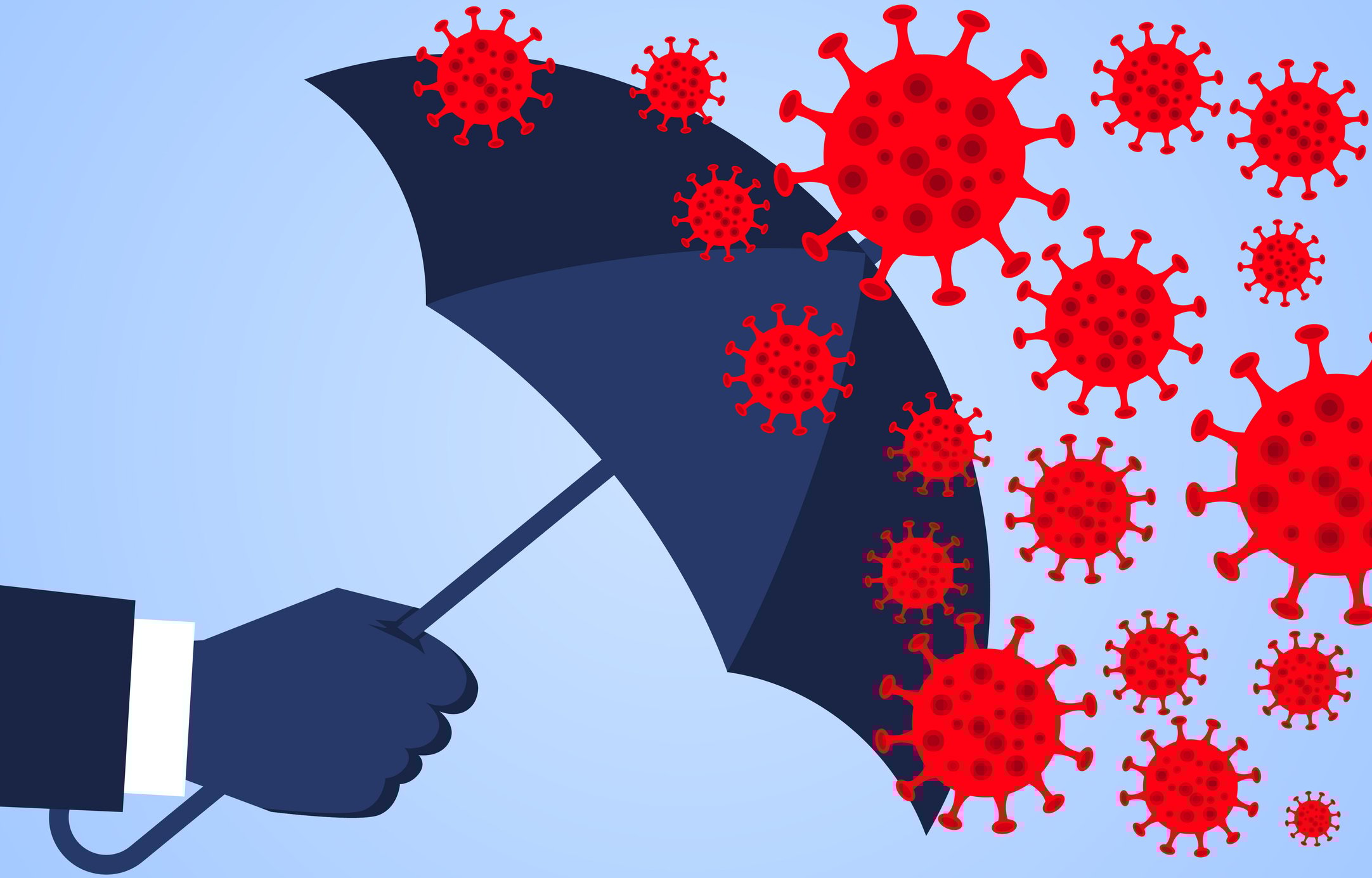 Man holding up umbrella to coronavirus viroids.