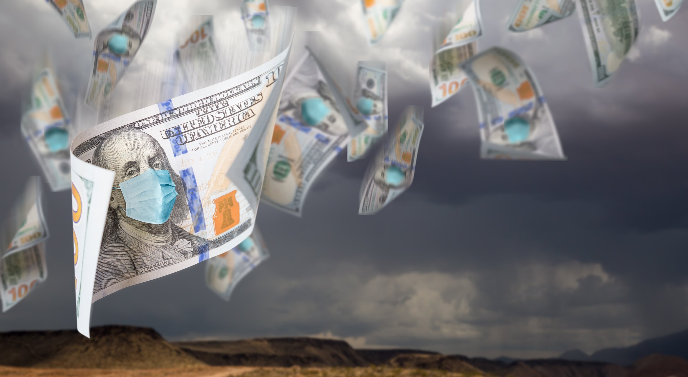 Money falling from sky with a mask over Franklin's picture.