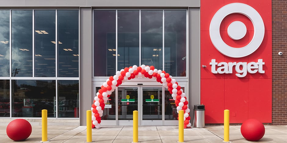 The exterior of a Target store with balloons set up around the door