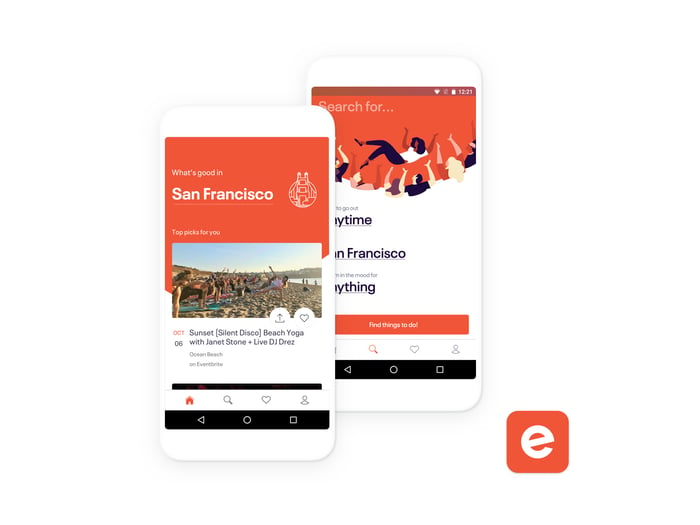 Screenshots of Eventbrite's consumer app for mobile phones showing what an event looks like to ticket buyers and how they find events.