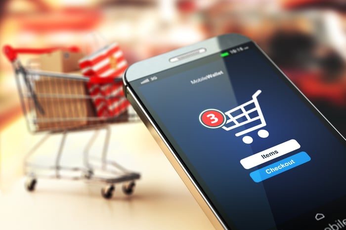 Online shopping cart on smartphone