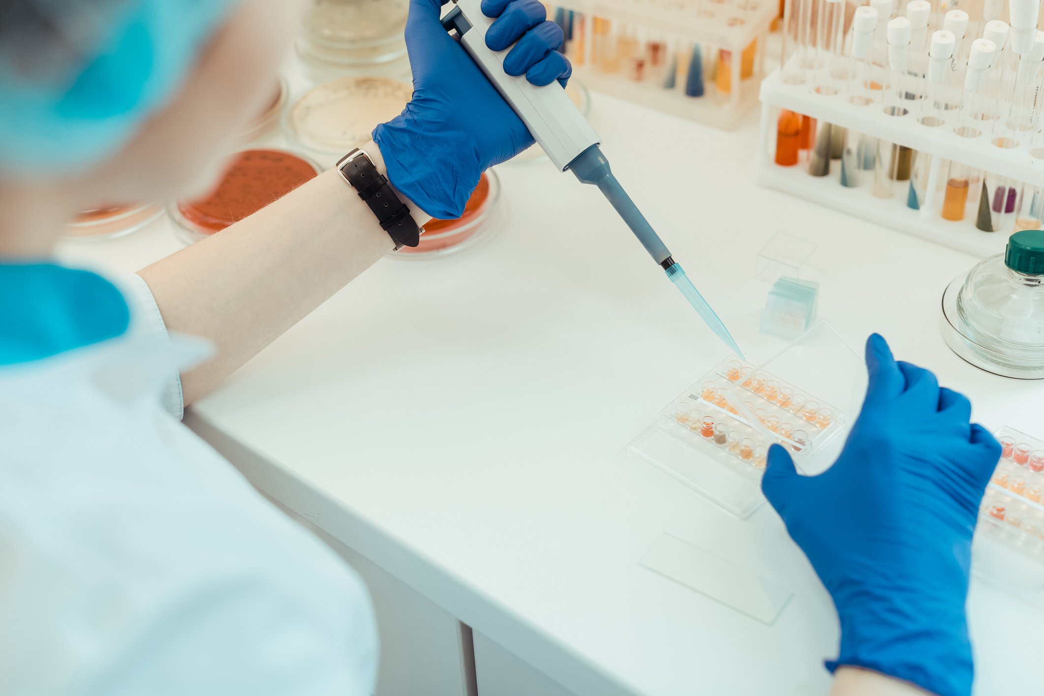 Medical diagnostics lab technician working with samples.
