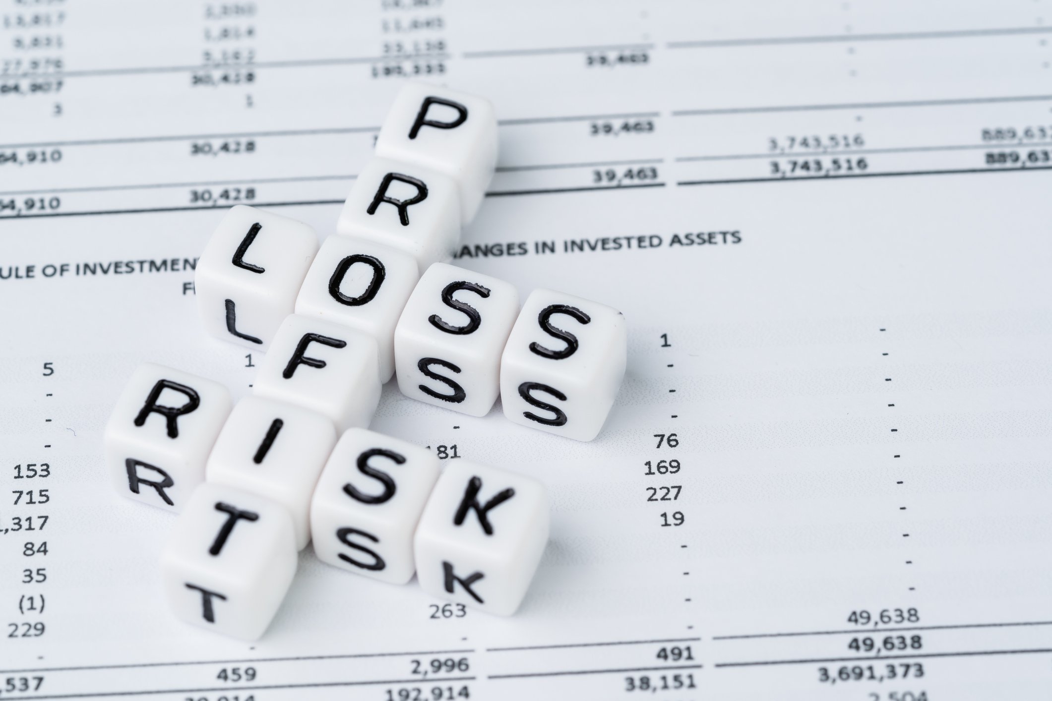 An earnings sheet with pl;astic dice or blocks on it spelling out the words profit, loss, and risk.