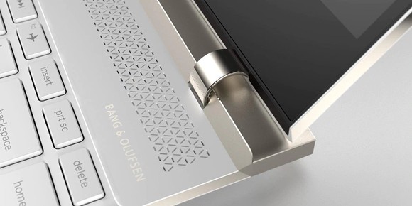 A closeup of the speakers ofHP's Spectre laptop.