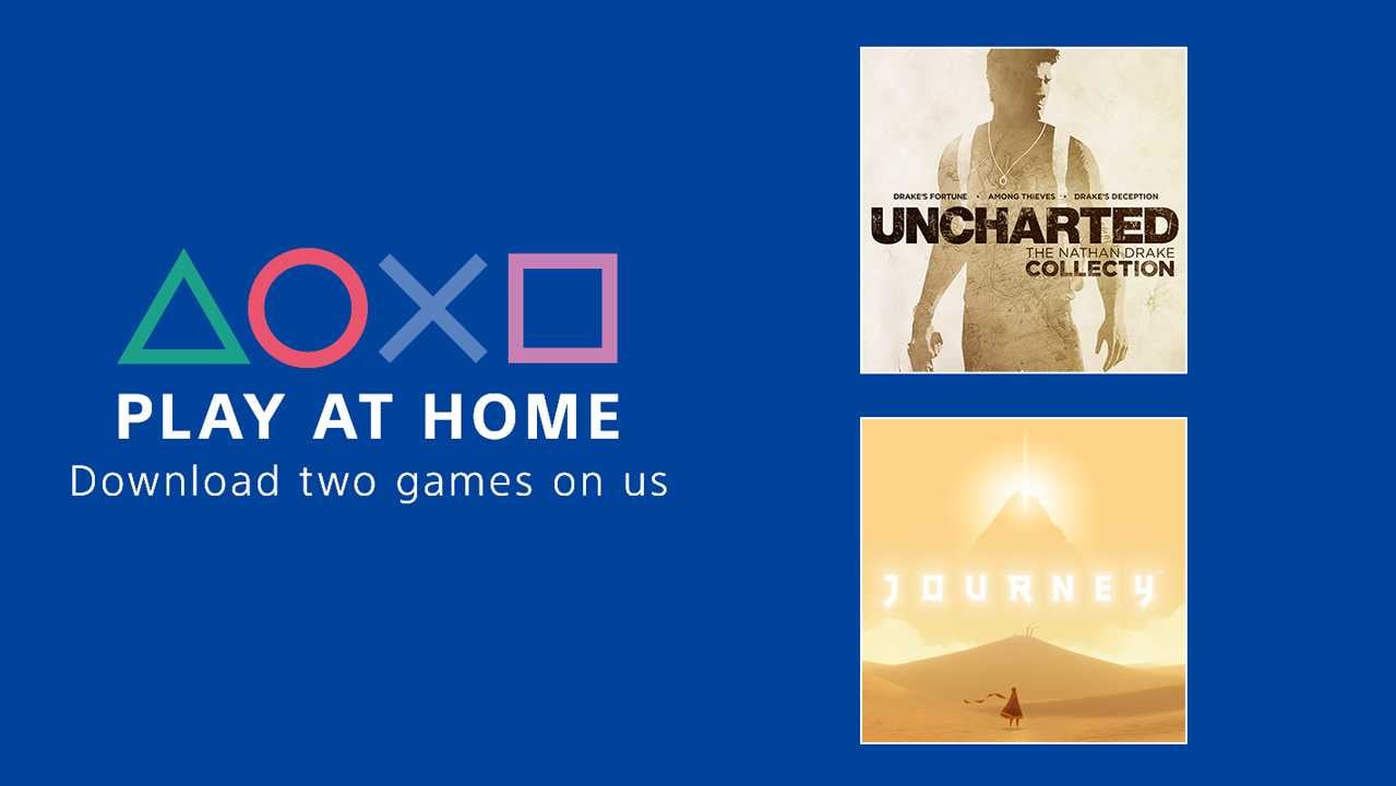 Sony's PlayStation logo with the words "play at home" and "download two games on us" displayed.