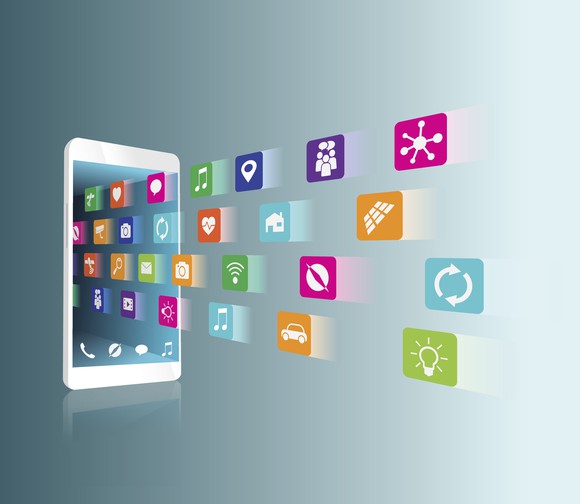 Smartphone with app icons flying out of it.