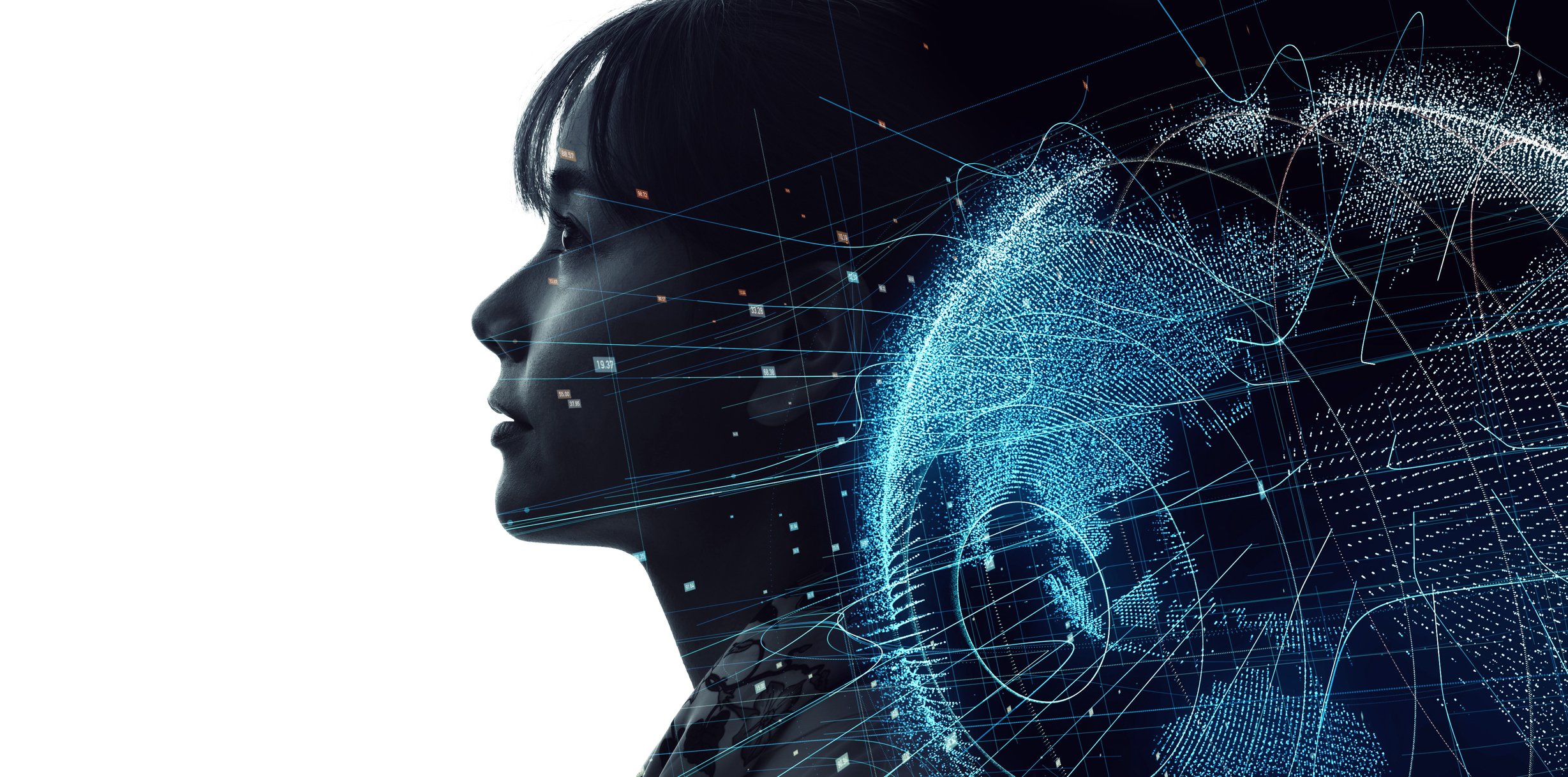 A digital illustration of the world superimposed on a profile shot of woman's face.