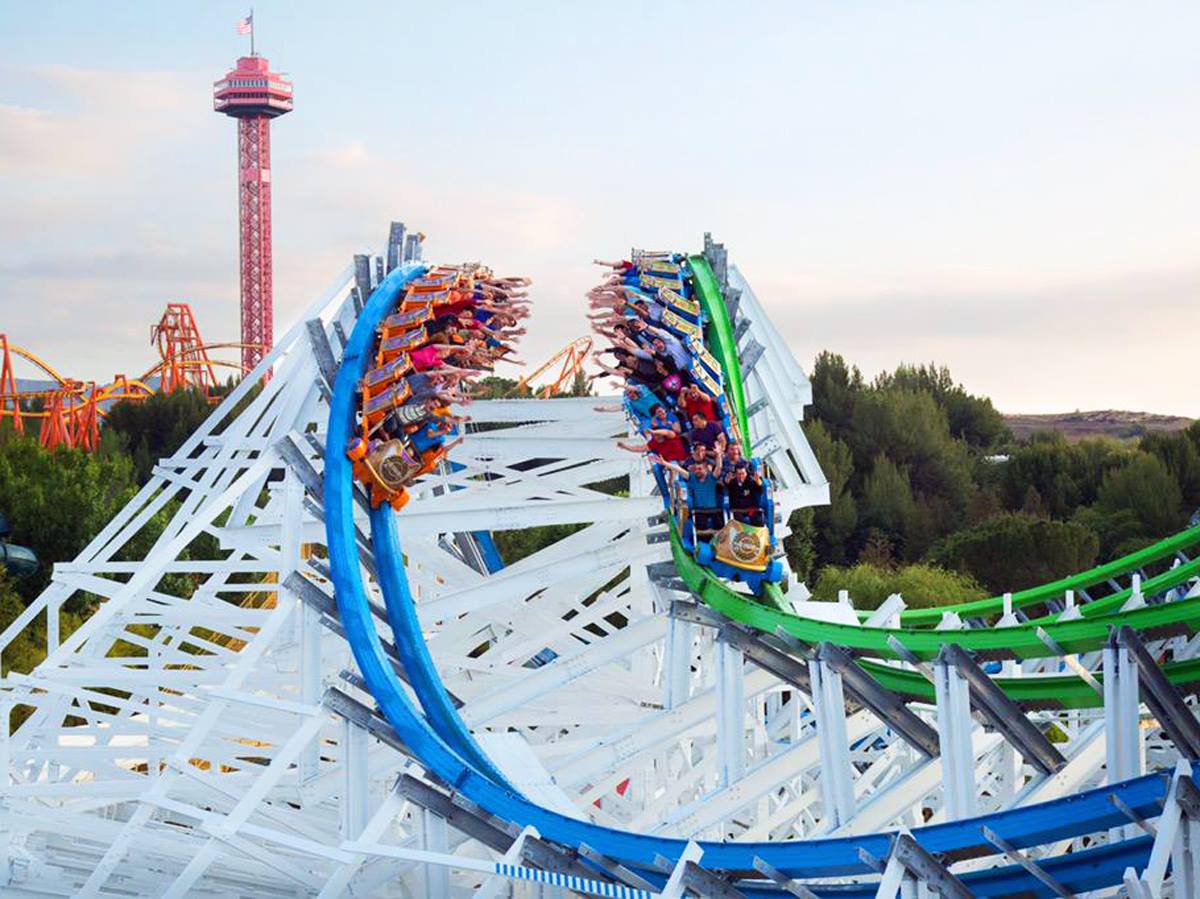 Riders on Twisted Colossus dueling coaster at Six Flags Magic Mountain.