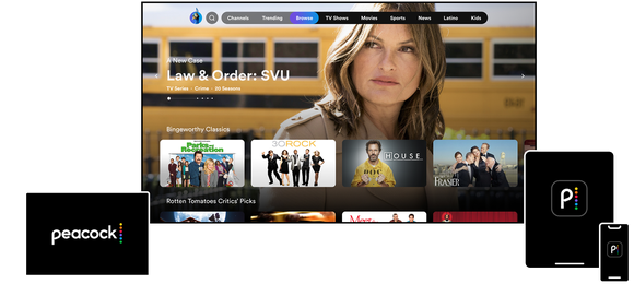 A TV, two tablets, and a smartphone all displaying the Peacock streaming service
