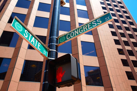A sign post in Boston that marks the intersection of State Street and Congress Street
