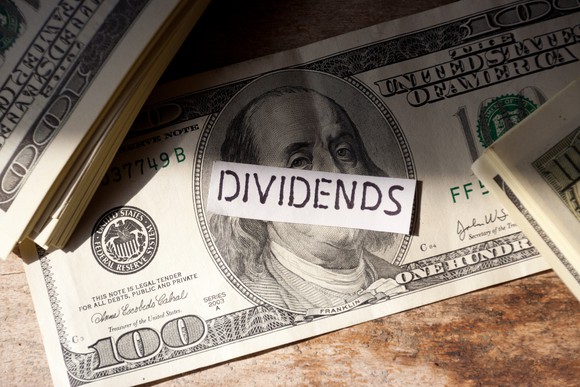 Hundred dollar bills with the word dividend on top.