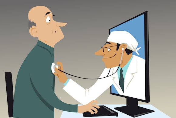 Cartoon illustrates doctor reaching through a monitor to listen to a dude's heart.