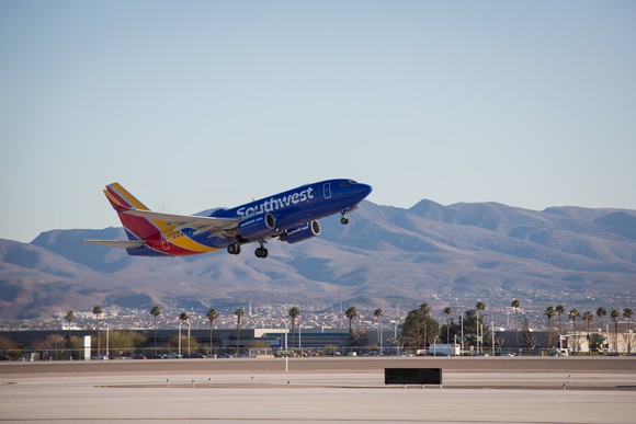 A Southwest plane takes off.