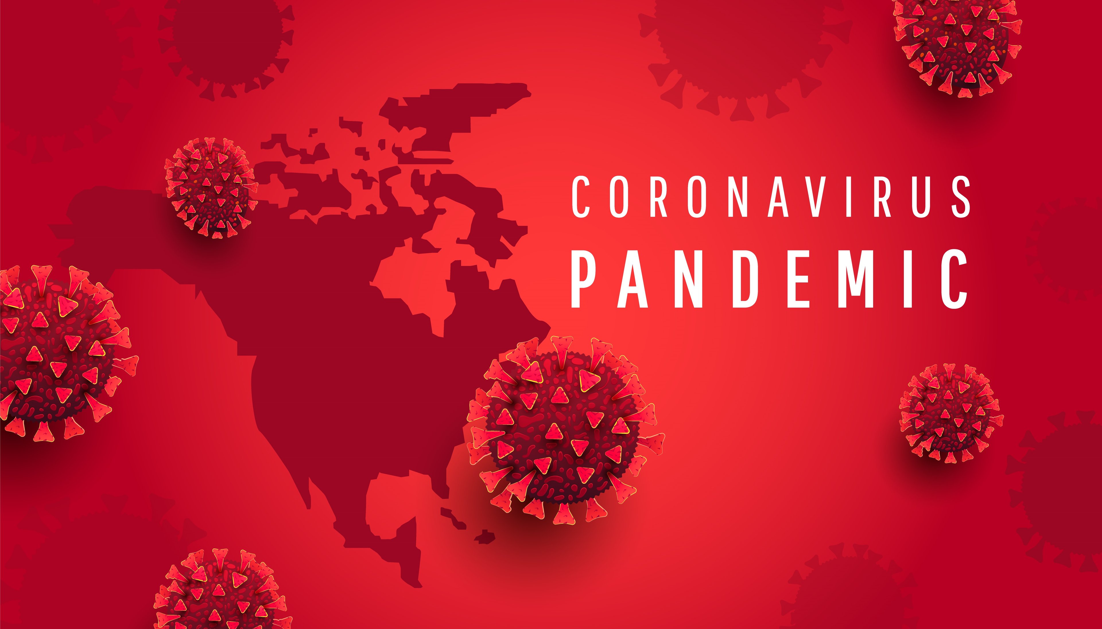 Coronavirus Pandemic in white letters against a red map of Australia with COVID germs. 