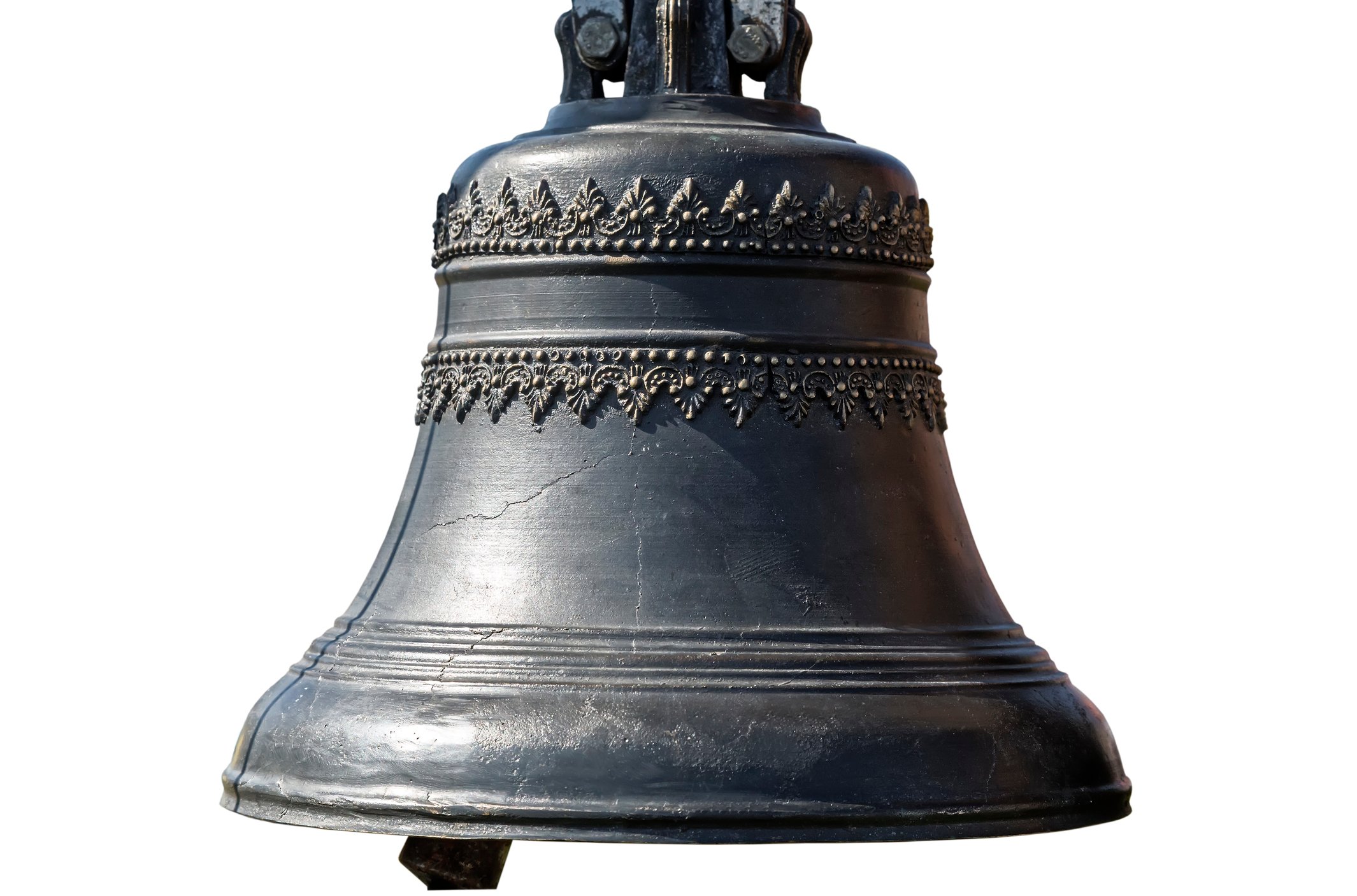 Close-up photo of a large cast-iron bell.
