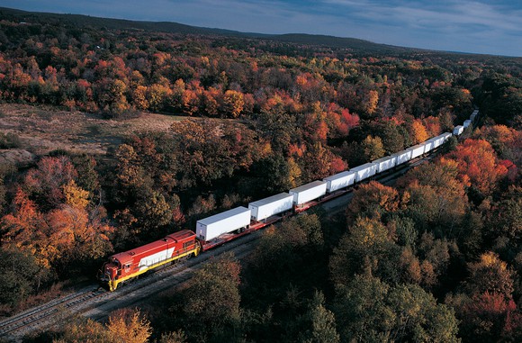 A freight train moving through a wooded area